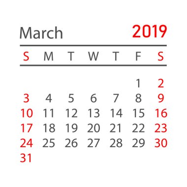 Takvim Mart 2019 yılında basit tarzı. Takvim Planlayıcısı tasarım şablonu. Gündem Mart aylık hatırlatma. İş vektör çizim.
