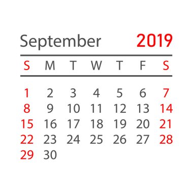 Takvim Eylül 2019 yılında basit tarzı. Takvim Planlayıcısı tasarım şablonu. Gündem Eylül aylık hatırlatma. İş vektör çizim.