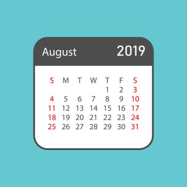 2019 yılında Ağustos: basit tarzı takvim. Takvim Planlayıcısı tasarım şablonu. Gündem Ağustos aylık hatırlatma. İş vektör çizim.