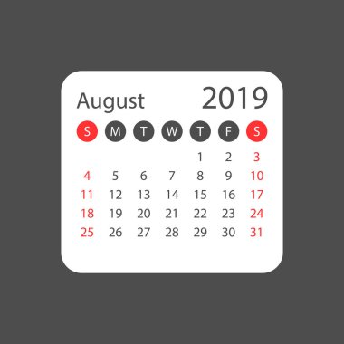 2019 yılında Ağustos: basit tarzı takvim. Takvim Planlayıcısı tasarım şablonu. Gündem Ağustos aylık hatırlatma. İş vektör çizim.