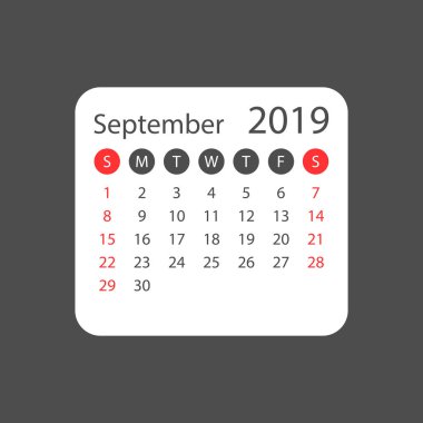 Takvim Eylül 2019 yılında basit tarzı. Takvim Planlayıcısı tasarım şablonu. Gündem Eylül aylık hatırlatma. İş vektör çizim.