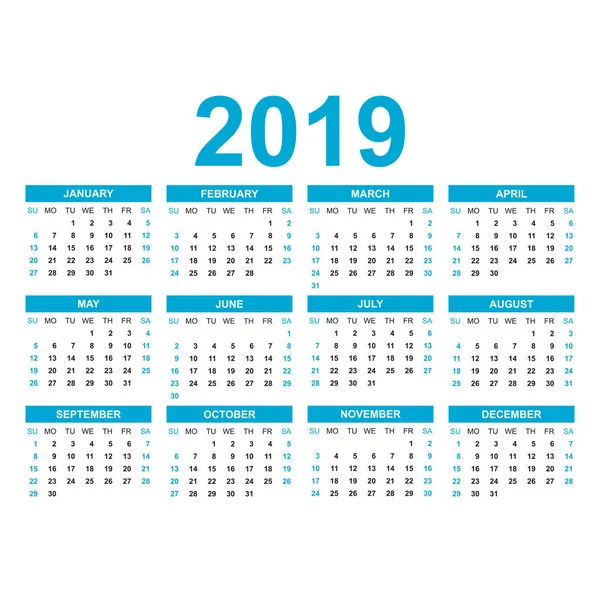 Календарь 2019 Года Простом Стиле Шаблон Проектирования Календаря Ежемесячный Шаблон — стоковый вектор