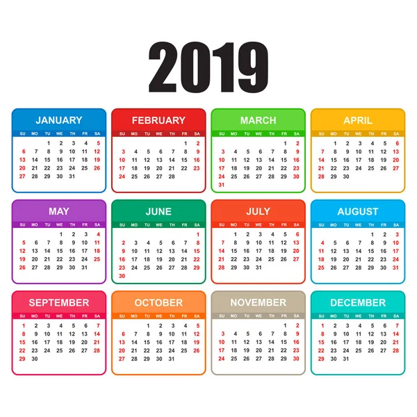 Календар 2019 Року Простому Стилі Шаблон Дизайну Планування Календаря Кольоровий — стоковий вектор