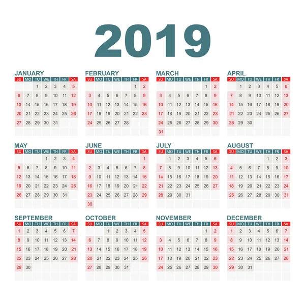 Календар 2019 Року Простому Стилі Шаблон Дизайну Планування Календаря Щомісячний — стоковий вектор