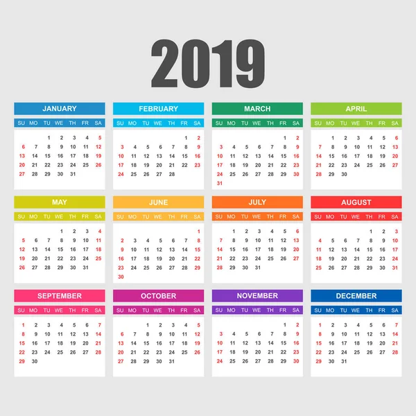 Календарь 2019 Года Простом Стиле Шаблон Проектирования Календаря Цветной Ежемесячный — стоковый вектор