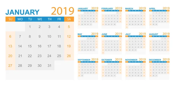 2019 Ημερολογιακό Έτος Απλό Στιλ Πρότυπο Σχεδίασης Planner Ημερολόγιο Πρότυπο — Διανυσματικό Αρχείο