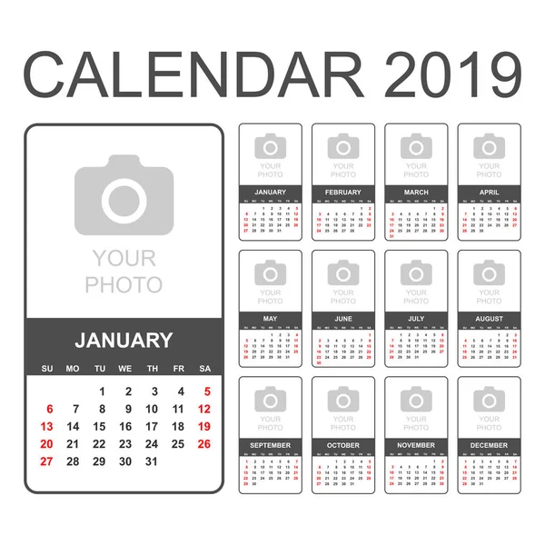 Calendário 2019 Ano Estilo Simples Modelo Design Planejador Calendário Agenda — Vetor de Stock