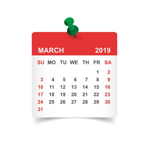 Календарь Март 2019 Года Бумажной Наклейке Значком Шаблон Проектирования Календаря — стоковый вектор