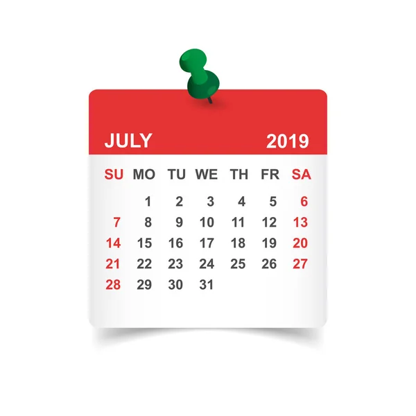 Calendário Julho 2019 Ano Papel Adesivo Com Pino Modelo Design — Vetor de Stock