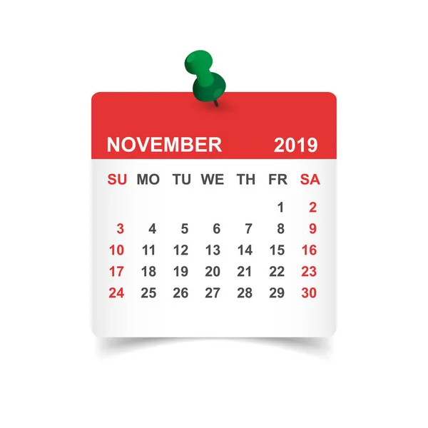 Kalender November 2019 Jahr Papieraufkleber Mit Stift Kalenderplaner Design Vorlage — Stockvektor