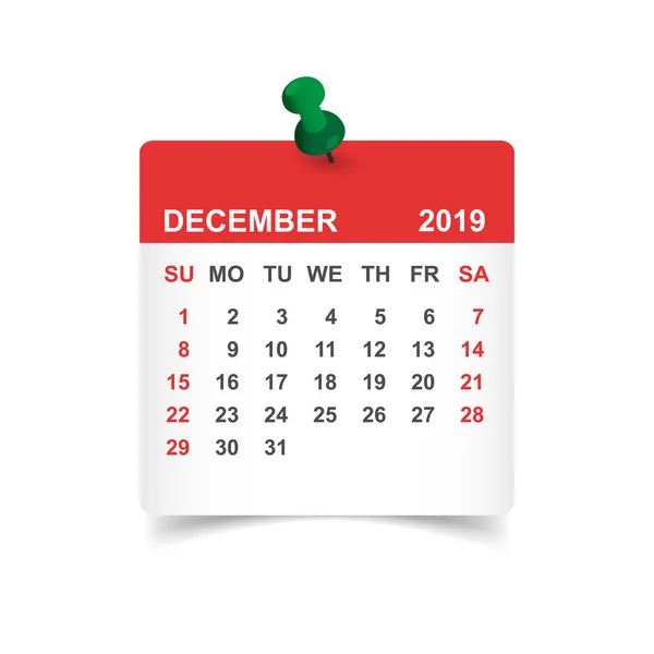Calendrier Décembre 2019 Année Papier Autocollant Avec Épingle Calendrier Planificateur — Image vectorielle
