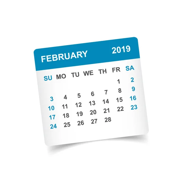 Ημερολόγιο Φεβρουαρίου 2019 Έτος Αυτοκόλλητο Χαρτί Σκιά Πρότυπο Σχεδίασης Planner — Διανυσματικό Αρχείο