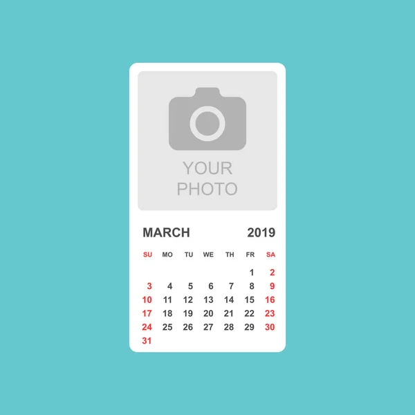 Calendário Marcha 2019 Ano Estilo Simples Modelo Design Planejador Calendário — Vetor de Stock