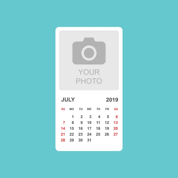 Calendário Julho 2019 Ano Estilo Simples Modelo Design Planejador Calendário — Vetor de Stock