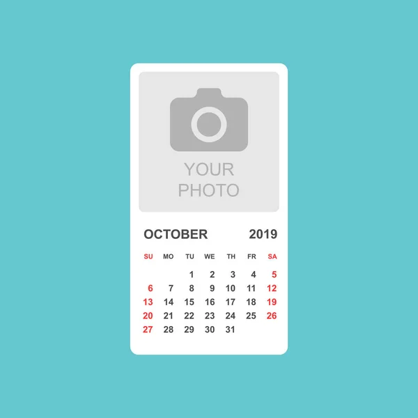Calendário Outubro 2019 Ano Estilo Simples Modelo Design Planejador Calendário — Vetor de Stock