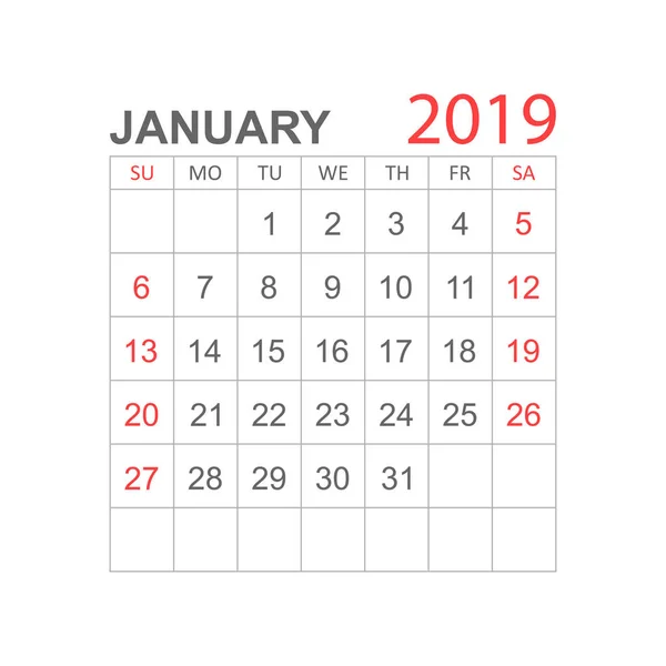 Календарь Январь 2019 Года Простом Стиле Шаблон Проектирования Календаря Ежемесячное — стоковый вектор