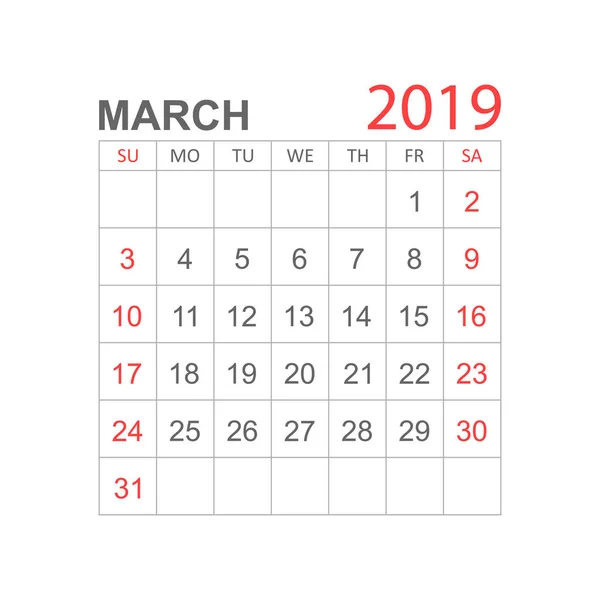 Calendario Marzo 2019 Anno Stile Semplice Modello Progettazione Calendario Pianificatore — Vettoriale Stock