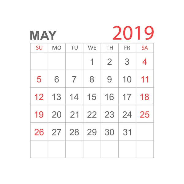 Calendario Maggio 2019 Anno Stile Semplice Modello Progettazione Calendario Pianificatore — Vettoriale Stock