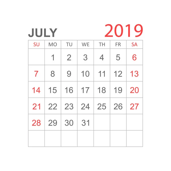 Ημερολόγιο Ιουλίου 2019 Έτος Απλό Στυλ Πρότυπο Σχεδίασης Planner Ημερολόγιο — Διανυσματικό Αρχείο