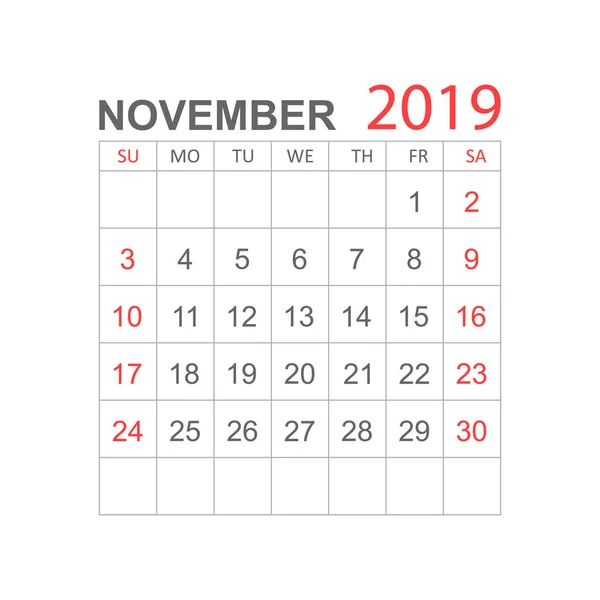 Calendario Noviembre 2019 Año Estilo Sencillo Plantilla Diseño Planificador Calendario — Archivo Imágenes Vectoriales