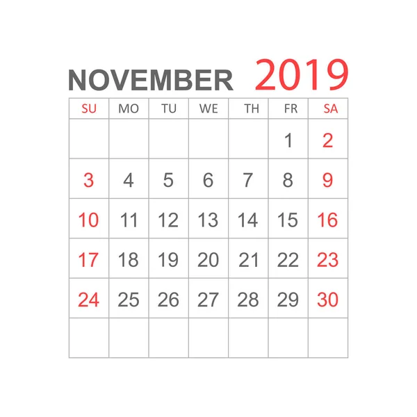 Calendário Novembro 2019 Ano Estilo Simples Modelo Design Planejador Calendário — Vetor de Stock