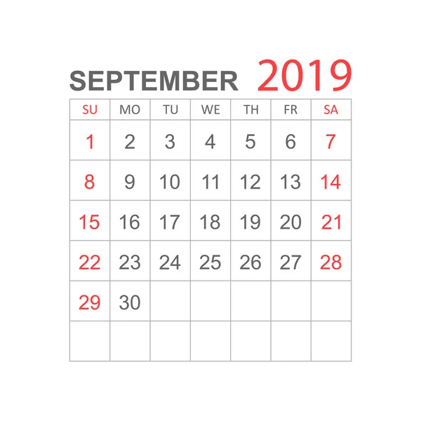 Ημερολόγιο Σεπτεμβρίου 2019 Έτος Απλό Στυλ Πρότυπο Σχεδίασης Planner Ημερολόγιο — Διανυσματικό Αρχείο