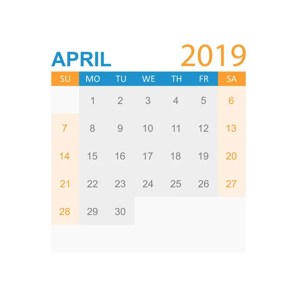 Calendrier Avril 2019 Année Dans Style Simple Calendrier Planificateur Modèle — Image vectorielle