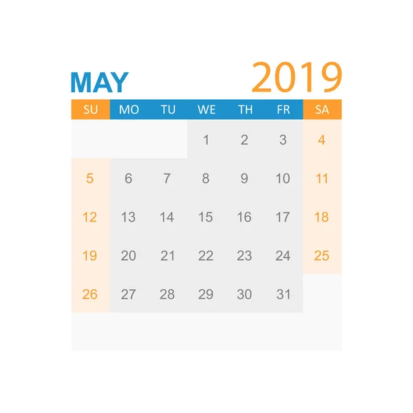 Calendario Mayo 2019 Año Estilo Simple Plantilla Diseño Planificador Calendario — Vector de stock