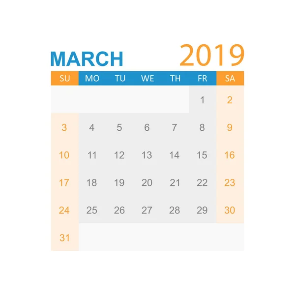 Календарь Март 2019 Года Простом Стиле Шаблон Проектирования Календаря Ежемесячное — стоковый вектор