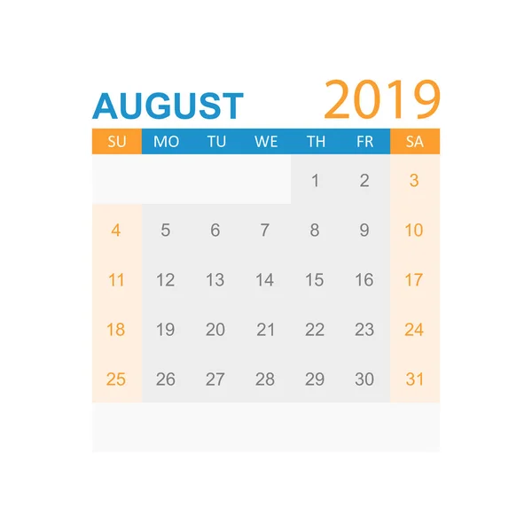 Ημερολόγιο Αυγούστου 2019 Έτος Απλό Στυλ Πρότυπο Σχεδίασης Planner Ημερολόγιο — Διανυσματικό Αρχείο