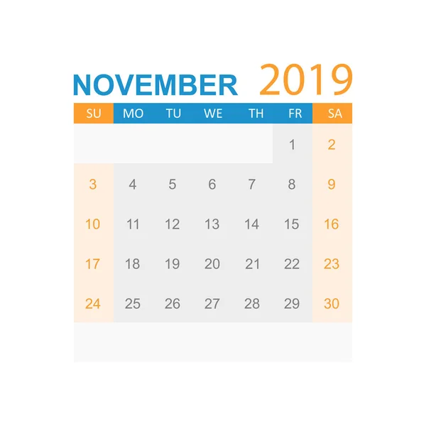 Calendrier Novembre 2019 Année Dans Style Simple Calendrier Planificateur Modèle — Image vectorielle