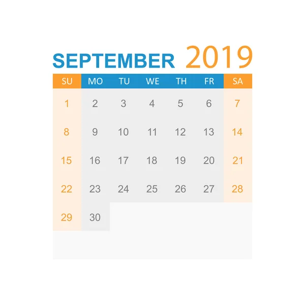 Calendario Settembre 2019 Anno Stile Semplice Modello Progettazione Calendario Pianificatore — Vettoriale Stock