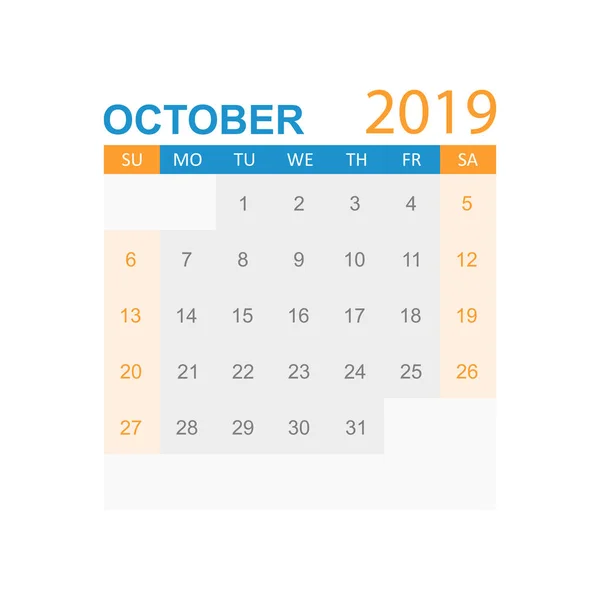 Ημερολόγιο Οκτωβρίου 2019 Έτος Απλό Στυλ Πρότυπο Σχεδίασης Planner Ημερολόγιο — Διανυσματικό Αρχείο