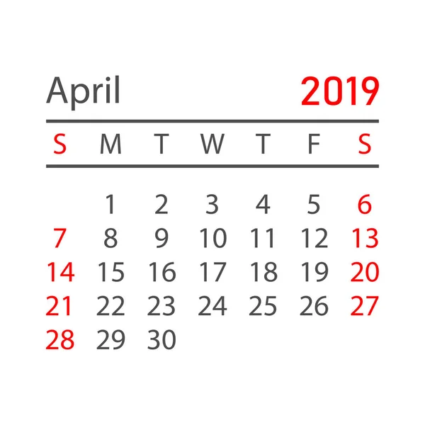 Kalender April 2019 Jahr Einfachen Stil Kalenderplaner Design Vorlage Agenda — Stockvektor