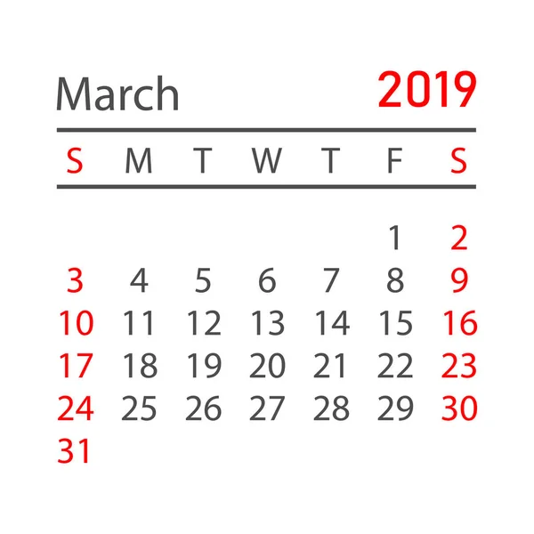 Calendrier Mars 2019 Année Dans Style Simple Calendrier Planificateur Modèle — Image vectorielle