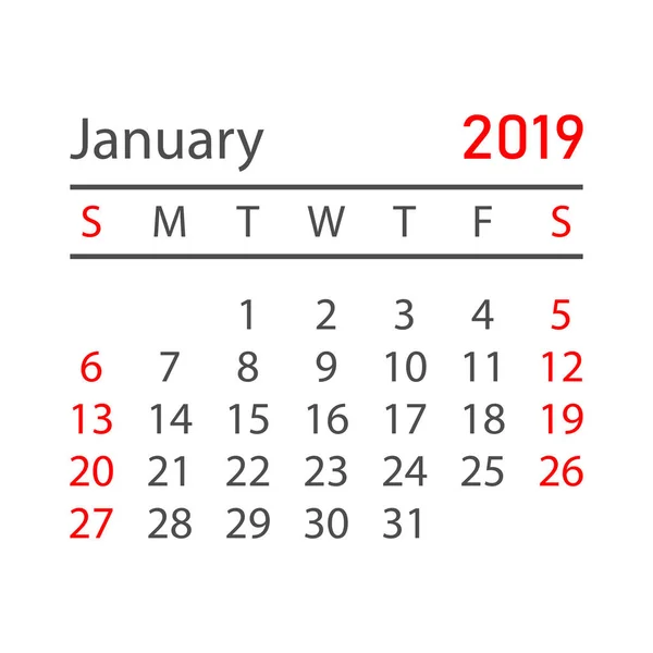 Calendario Gennaio 2019 Anno Stile Semplice Modello Progettazione Calendario Pianificatore — Vettoriale Stock