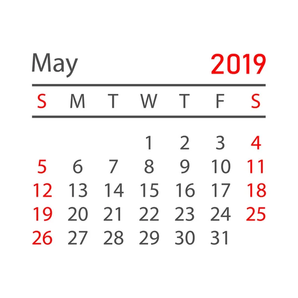 Calendrier Mai 2019 Année Dans Style Simple Calendrier Planificateur Modèle — Image vectorielle