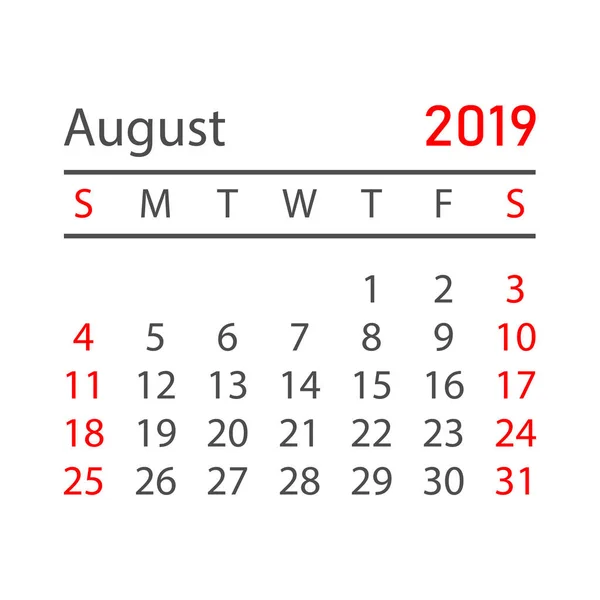 Ημερολόγιο Αυγούστου 2019 Έτος Απλό Στυλ Πρότυπο Σχεδίασης Planner Ημερολόγιο — Διανυσματικό Αρχείο