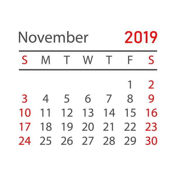 Ημερολόγιο Νοεμβρίου 2019 Έτος Απλό Στυλ Πρότυπο Σχεδίασης Planner Ημερολόγιο — Διανυσματικό Αρχείο