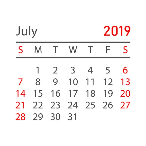 Calendário Julho 2019 Ano Estilo Simples Modelo Design Planejador Calendário — Vetor de Stock