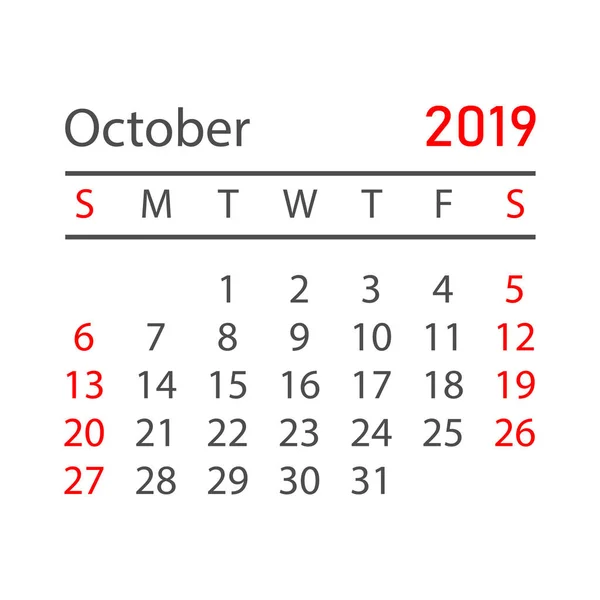 Ημερολόγιο Οκτωβρίου 2019 Έτος Απλό Στυλ Πρότυπο Σχεδίασης Planner Ημερολόγιο — Διανυσματικό Αρχείο