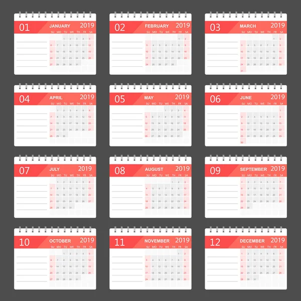 Calendário 2019 Ano Estilo Simples Modelo Design Planejador Calendário Agenda — Vetor de Stock