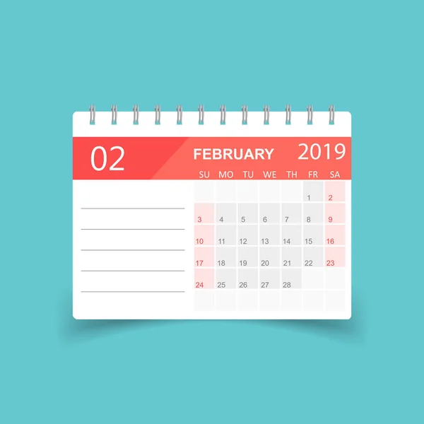 Ημερολόγιο Φεβρουαρίου 2019 Έτος Αυτοκόλλητο Χαρτί Σκιά Πρότυπο Σχεδίασης Planner — Διανυσματικό Αρχείο