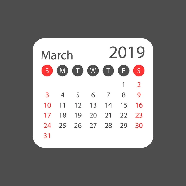 Ημερολόγιο Μαρτίου 2019 Έτος Απλό Στυλ Πρότυπο Σχεδίασης Planner Ημερολόγιο — Διανυσματικό Αρχείο