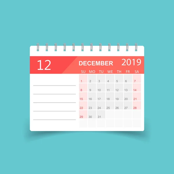 Ημερολόγιο Δεκεμβρίου 2019 Έτος Αυτοκόλλητο Χαρτί Σκιά Πρότυπο Σχεδίασης Planner — Διανυσματικό Αρχείο