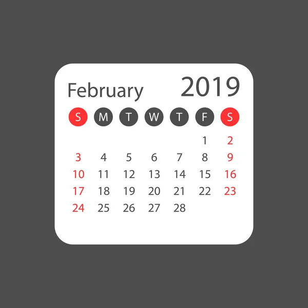 Calendario Febrero 2019 Año Estilo Sencillo Plantilla Diseño Planificador Calendario — Vector de stock