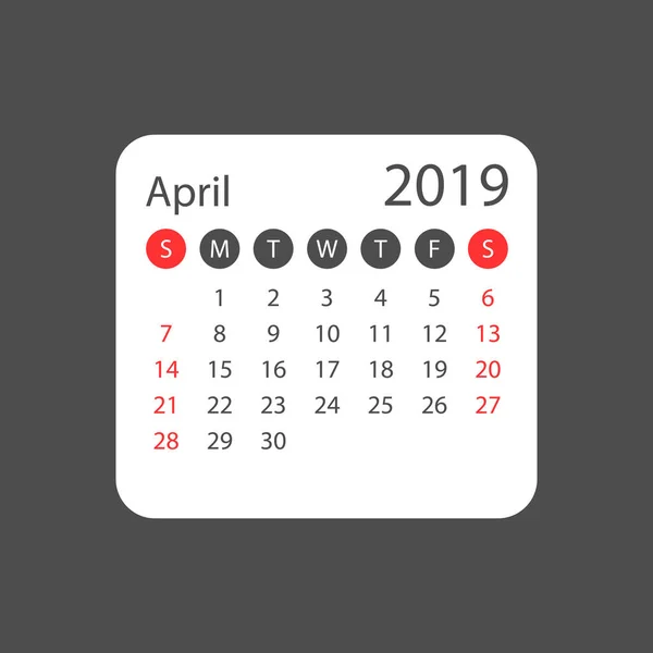 Calendário Abril 2019 Ano Estilo Simples Modelo Design Planejador Calendário — Vetor de Stock