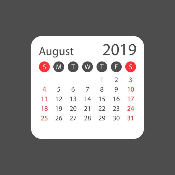 Календарь Август 2019 Года Простом Стиле Шаблон Проектирования Календаря Повестка — стоковый вектор