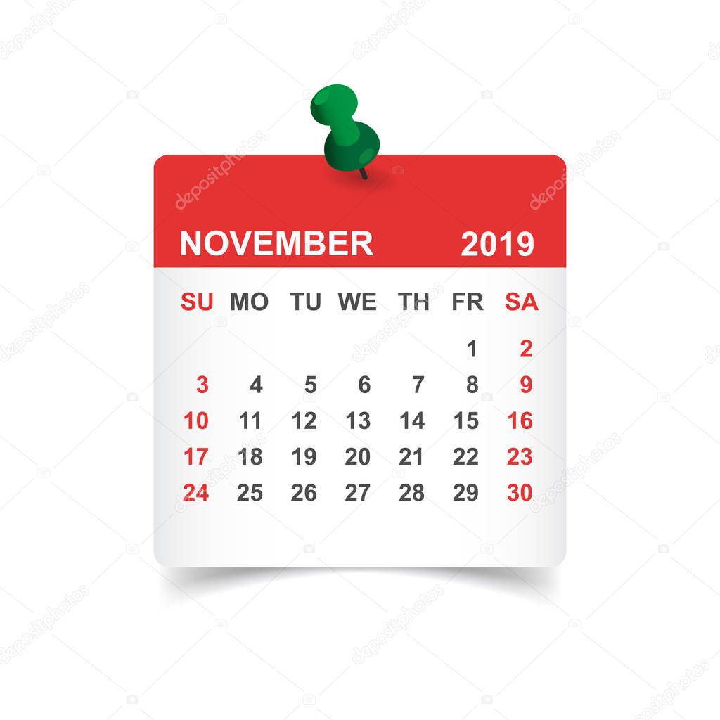 Calendar november 2019 year in paper sticker with pin. Calendar planner design template. Agenda november monthly reminder. Business vector illustration.