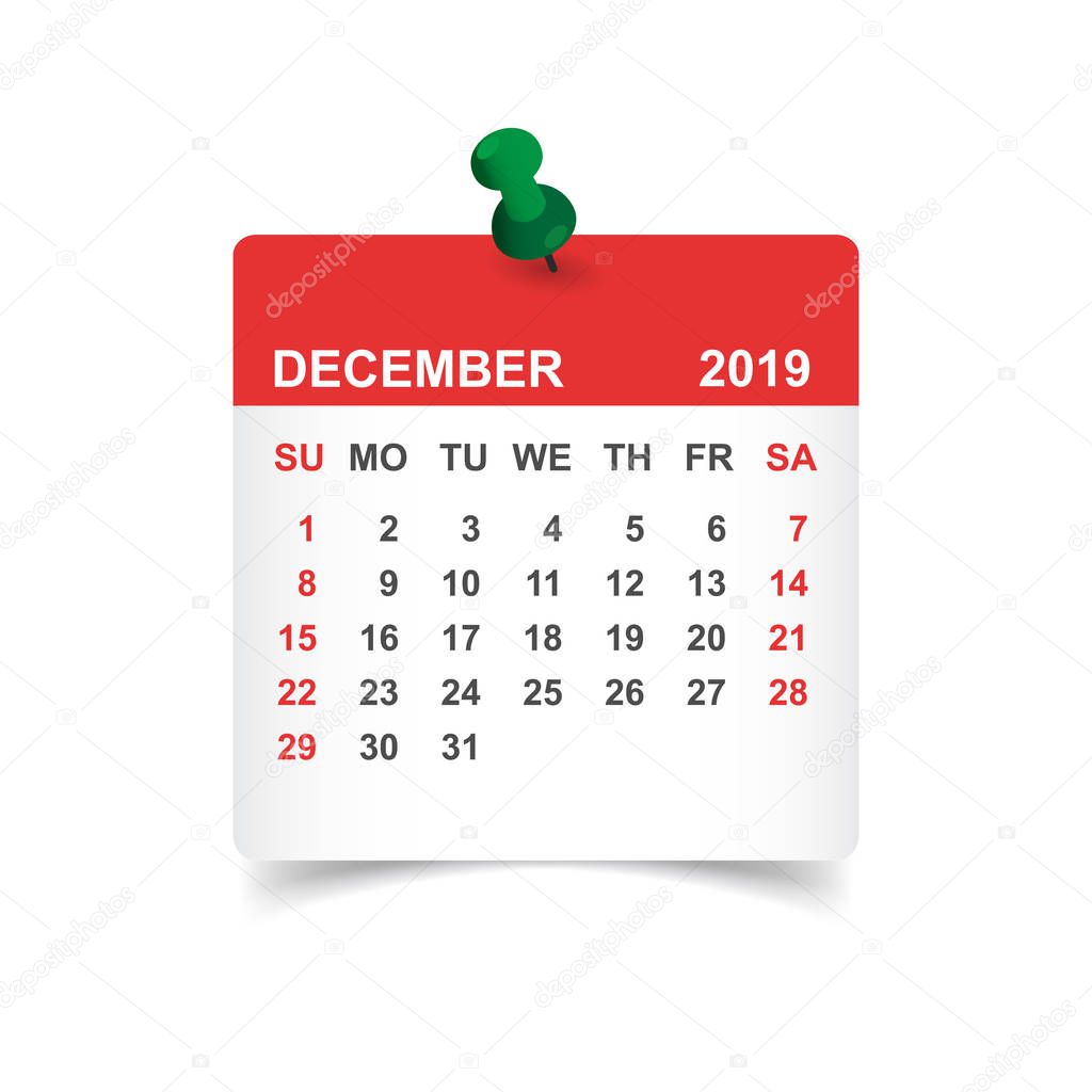 Calendar december 2019 year in paper sticker with pin. Calendar planner design template. Agenda december monthly reminder. Business vector illustration.